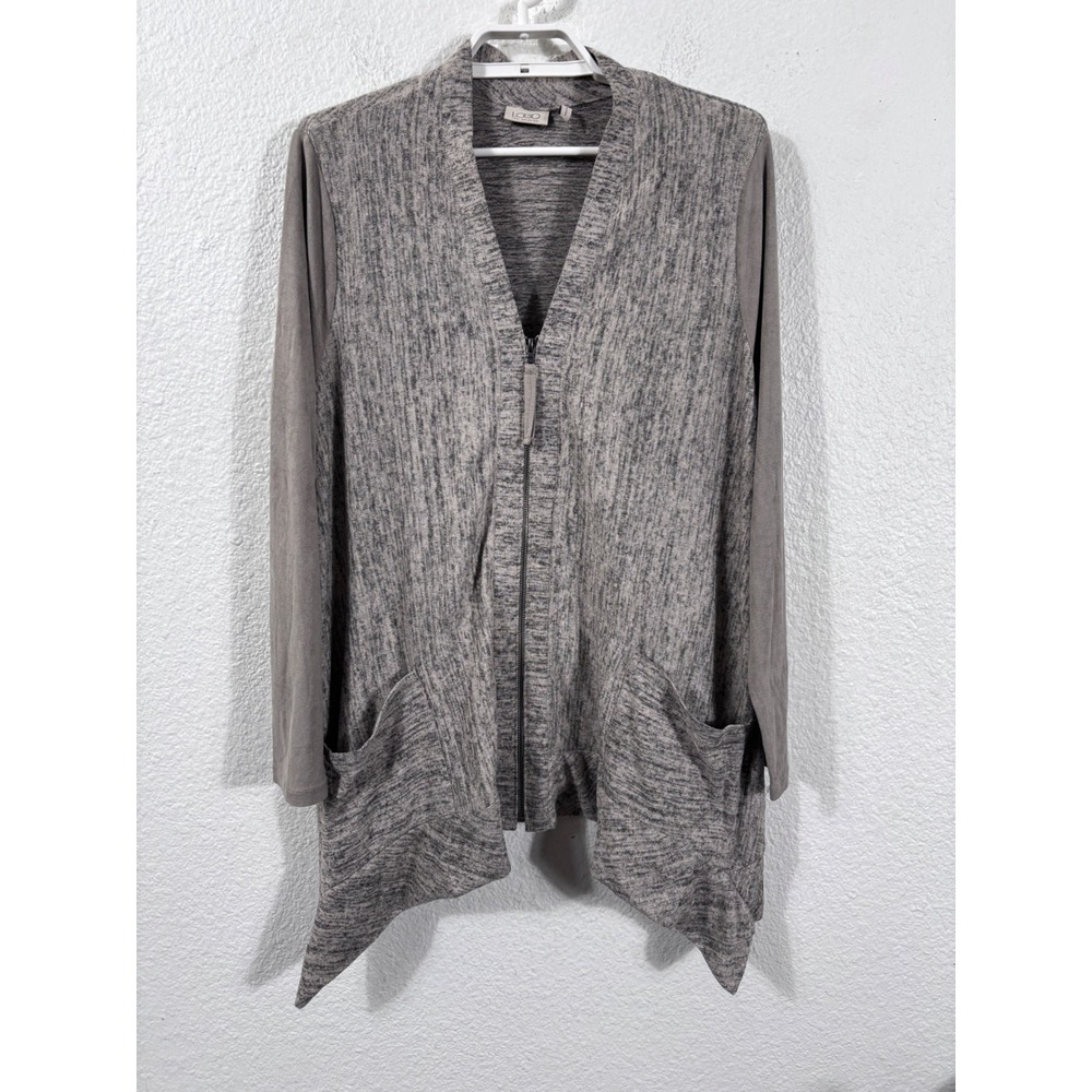 LOGO Lori Goldstein Zip Front Cardigan Womens Large Gray Beige Lagenlook
